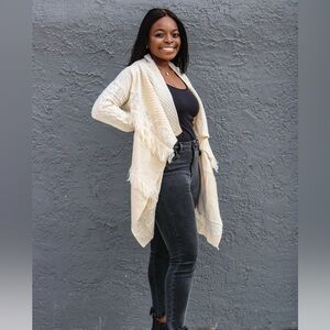 Kori Draped Fringe Cardigan In Cream Size M/L